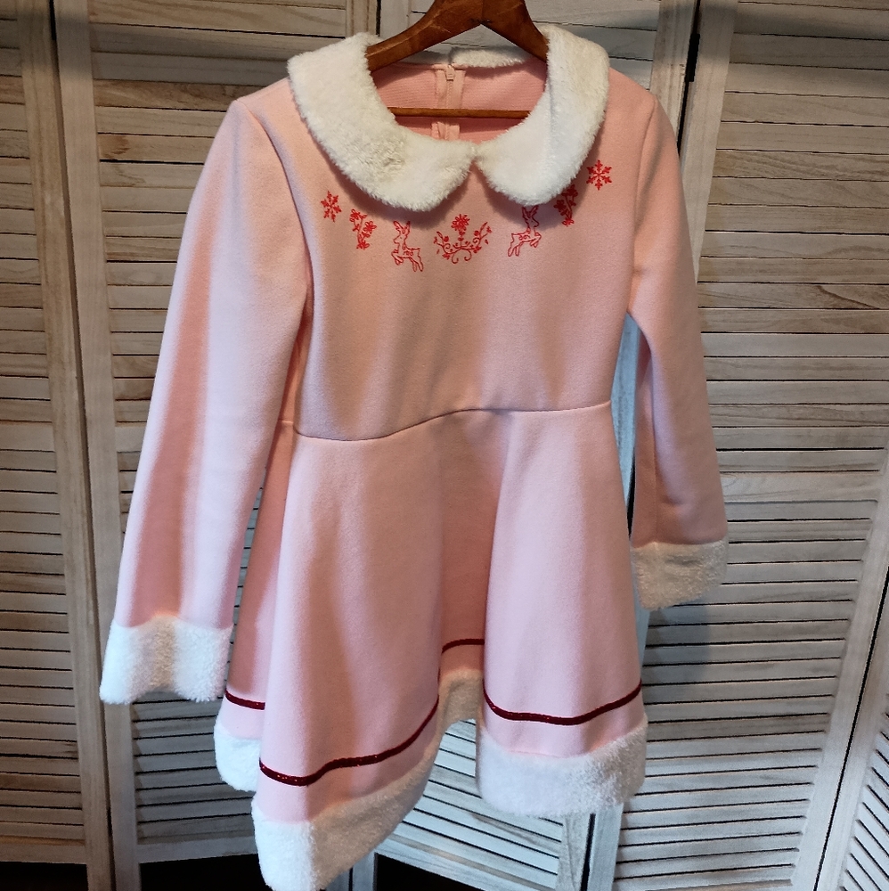 Pink Jovie Elf Dress with White Fur Trim and Embroidery
